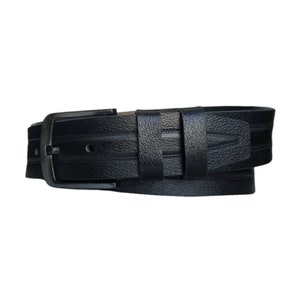 May include: A black leather belt with a silver buckle. The belt has a textured surface and a striped design.