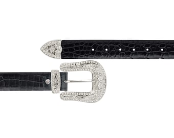 RHINESTONE Buckle Black LEATHER BELT Thick Cowhide Leather  display picture 1