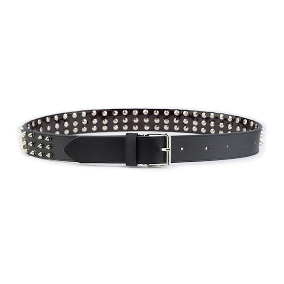 Spiky Belt 3 Row Studs Black Vegan Leather Mens Studded Belt for