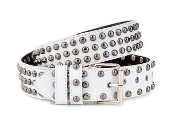 White Studded Belt Rounded Head Gunmetal Rivets Thick Wide  display picture 2