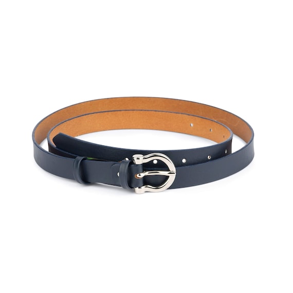 Ladies navy top leather belt