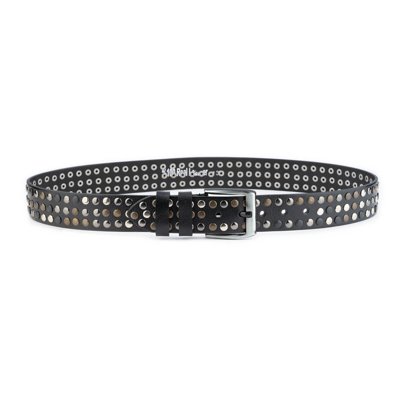 3Piece Silver Buckle Belts(BLACK×NICKEL) Mens Punk Rock Belt Studded 3 Row Multicolor Studs Genuine