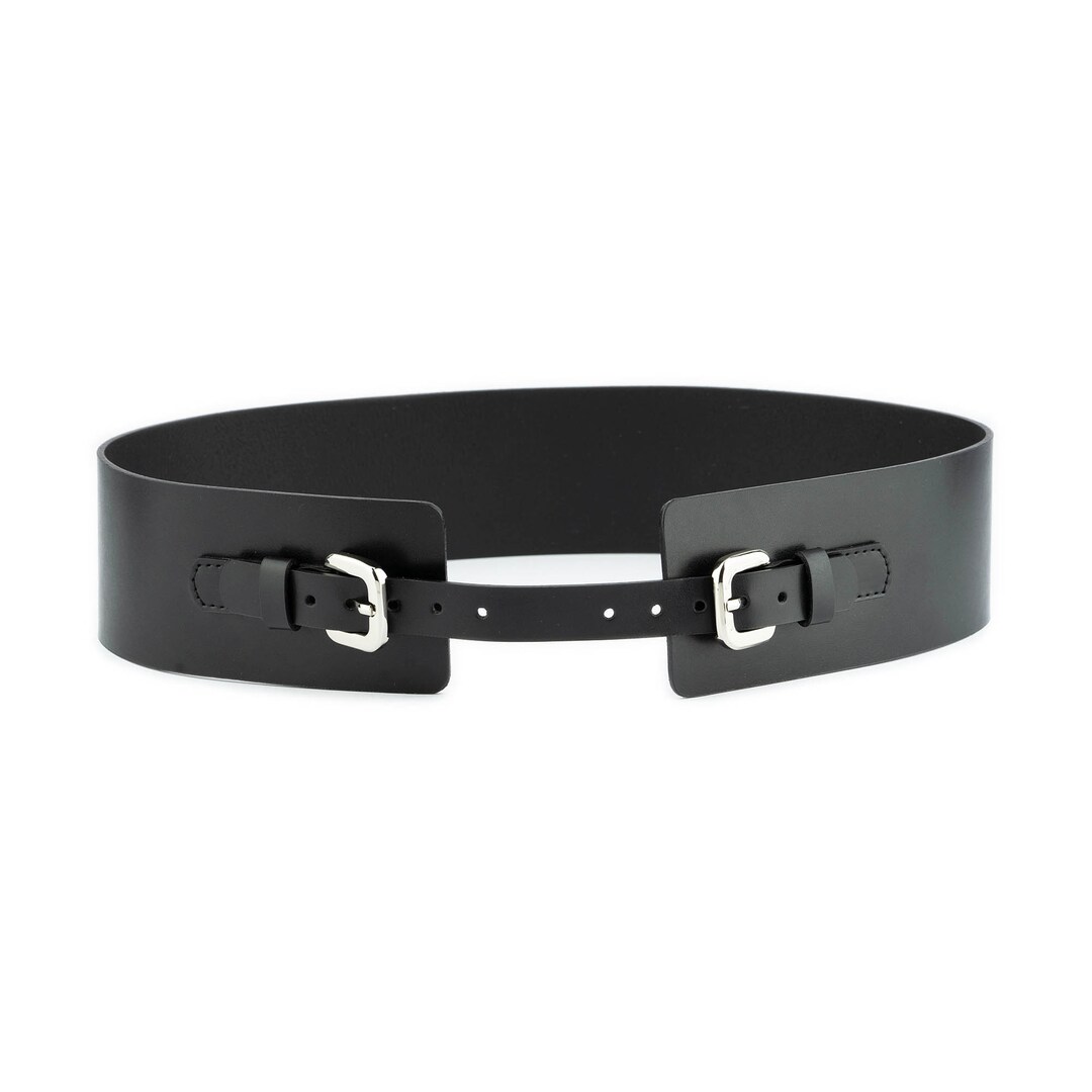 Womens Waist Leather Corset Belt Black for Dress With Silver