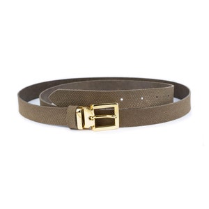 Snake Emboss Khaki Green Suede Leather Belt With Gold Buckle Women Belt For Dress Fashion Ladies Thin Belt 25 Mm