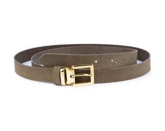 Snake Emboss Khaki Green Suede Leather Belt With Gold Buckle Women Belt For Dress Fashion Ladies Thin Belt 25 Mm