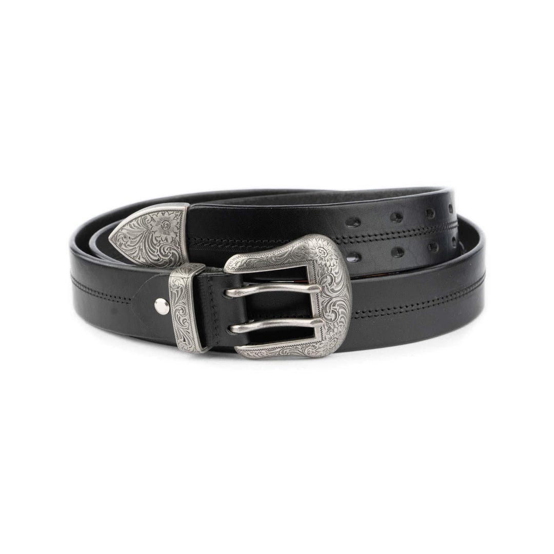 Western Double Prong Belt Black Genuine Leather 1 1/2 Inch  display picture 1