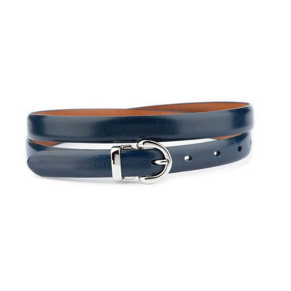 Elegant Navy Blue Womens Belt with Silver Buckle Ladies Thin Genuine Leather Belt for Dress 2.0 cm