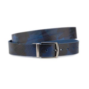 Blue Camouflage Belt Thick Wide 1 1/2 Inch With Silver Buckle Casual Mens Genuine Leather Dress Belt 40 Mm Width