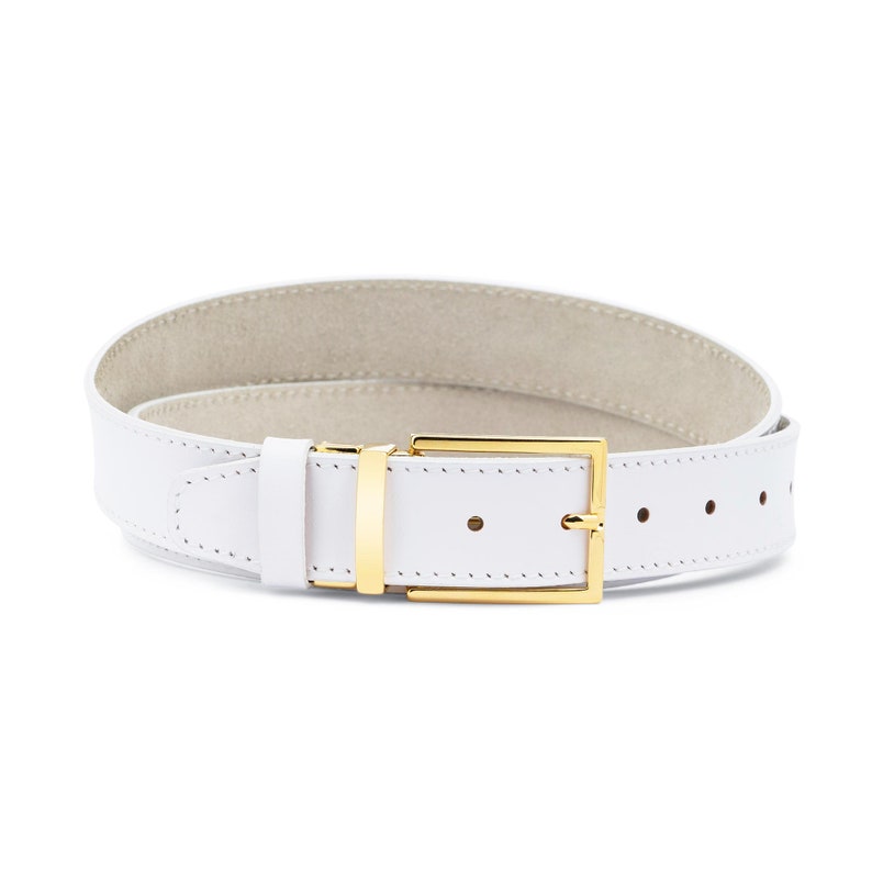 White belt gold buckle Mens belts Thick white belt men Leather Etsy