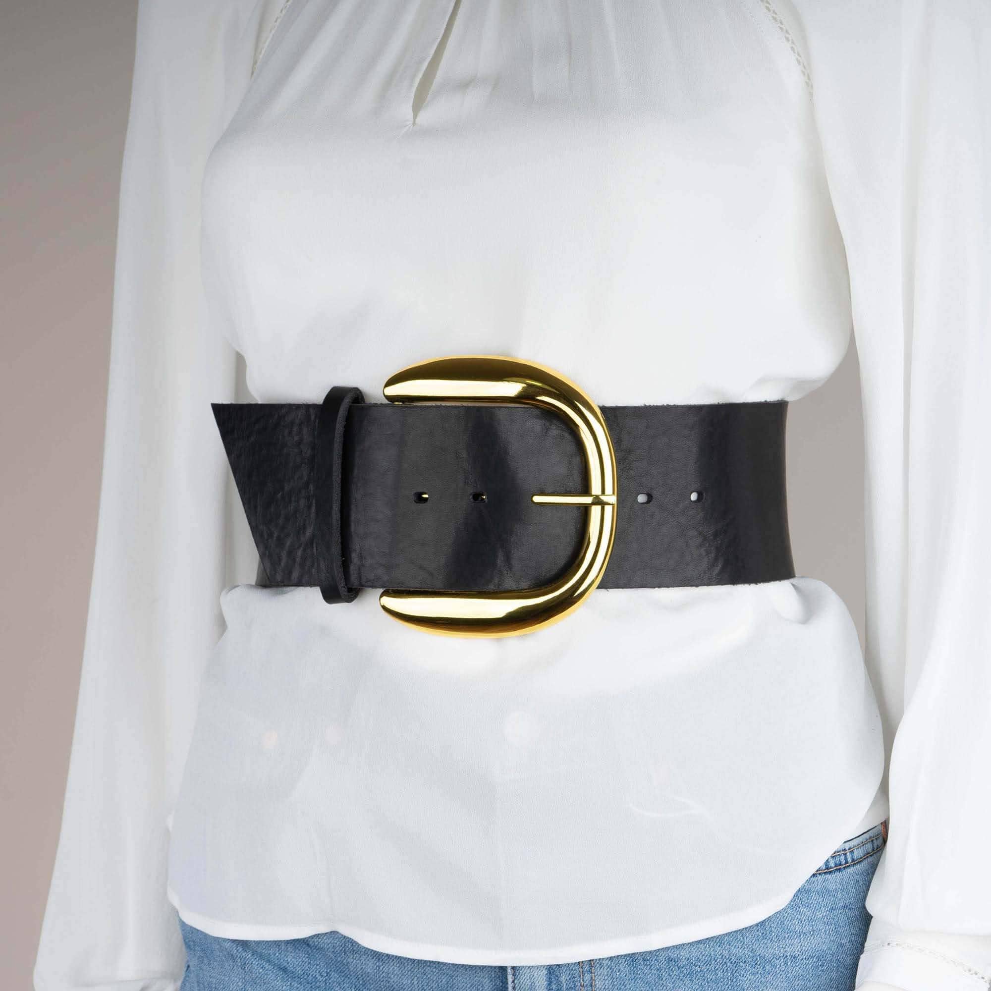 Big Gold Buckle Corset Belt Womens Black Leather Wide Waist  display picture 2