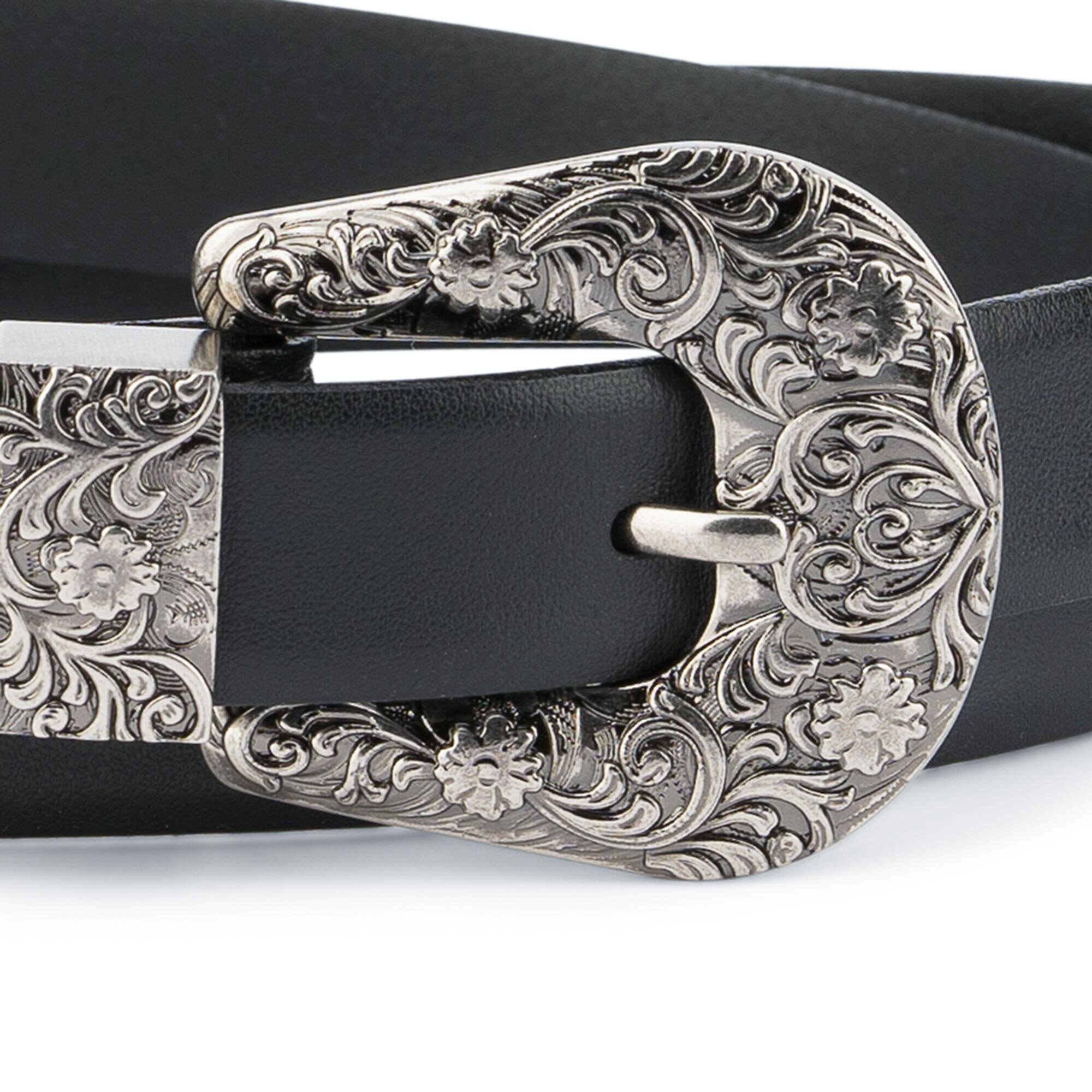 Western Belt Silver Buckle 1 Inch Black Leather Belt Womens  display picture 1