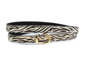 Vintage French Tan Leather Belt: Striped Fabric Band 