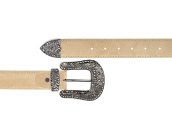 Ceinture de cow-girl pour femme en daim beige occidental avec boucle en strass noir Ceintures en cuir véritable