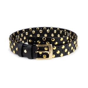 Black Gold Studded Belt Mens - Womens Studded Belt - Black Gold Buckle Belt - Leather Stud Belt - 3.5 Cm Men&#39;s Belt For Jeans - Real Leather