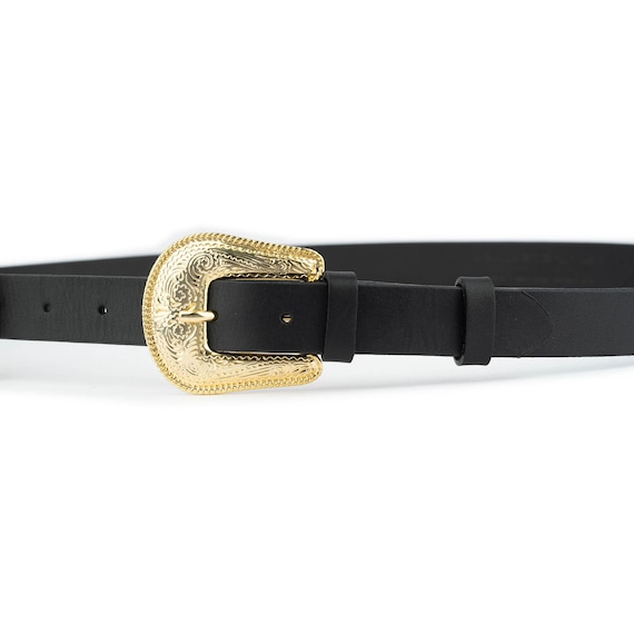 Western Gold Double Buckle Belt Cowgirl Black Genuine