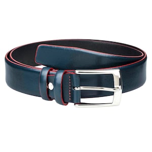 Navy Belt With Red Edge - Mens Blue Leather Belt For Jeans - Men&#39;s Casual Belt For Jeans - Real Leather Mens Belts