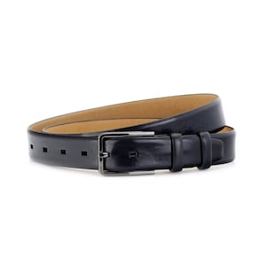 Mens Dark Blue Belt For Trousers Real Leather 1 3/8 Inch Silver Buckle Dress Leather Belt