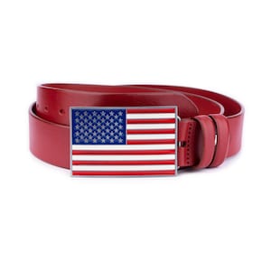 American Flag Leather Belt Thick Red Calfskin Belt With Large Buckle Wide Belt For Jeans 40 Mm