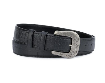 Black western belt Croco belt Mens western belts Crocodile embossed Black leather belt for men Croc leather belt 3.5 cm Solid heavy buckle