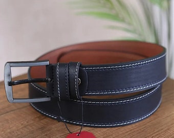 Cinturón vegano negro para hombre, cinturón informal para vaqueros con hilo blanco, cinturón de cuero para pantalones con hebilla plateada de 3,5 Cm