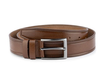 Mens Leather Brown Belt With Buckle Stitched Genuine Leather Silver Buckle Belt For Dress 35 Mm