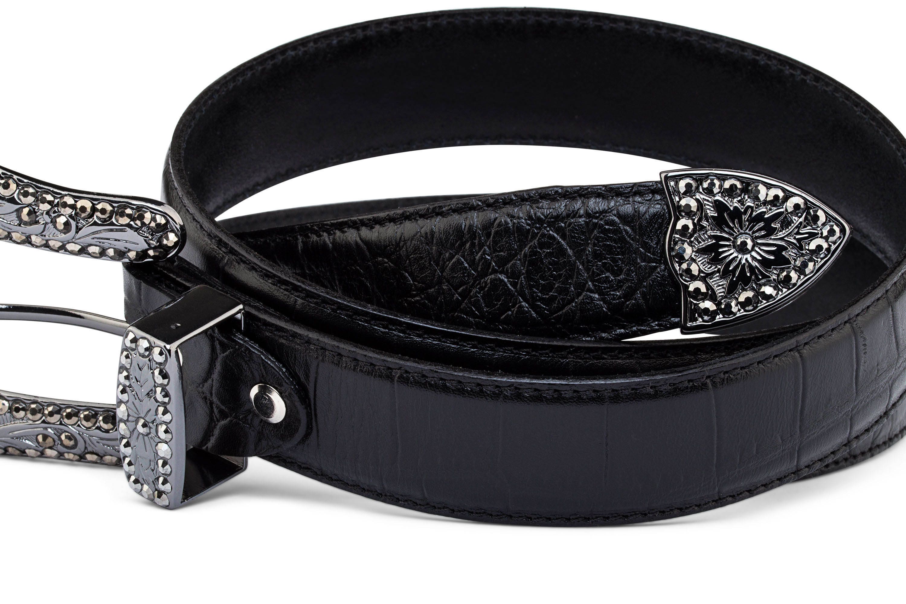 Black Crocodile Belt for Men Rhinestones Croco Embossed