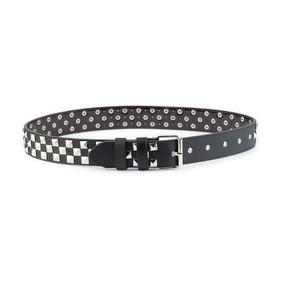 3 Row Pyramid Studs Belt Check Pattern Silver Rivets Mens