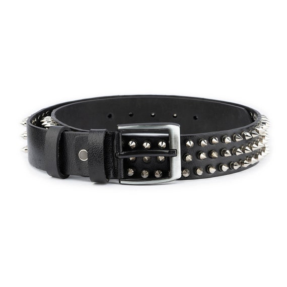 3 Row Spiky Belt Silver Spike Rivet Black Real Leather Studded