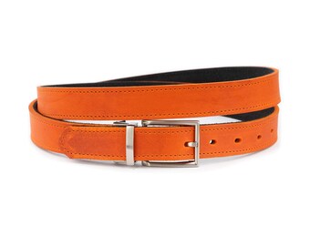New Womens Skinny Reversible Leather Belt Full Grain Black Orange Size 32 Women main image 4