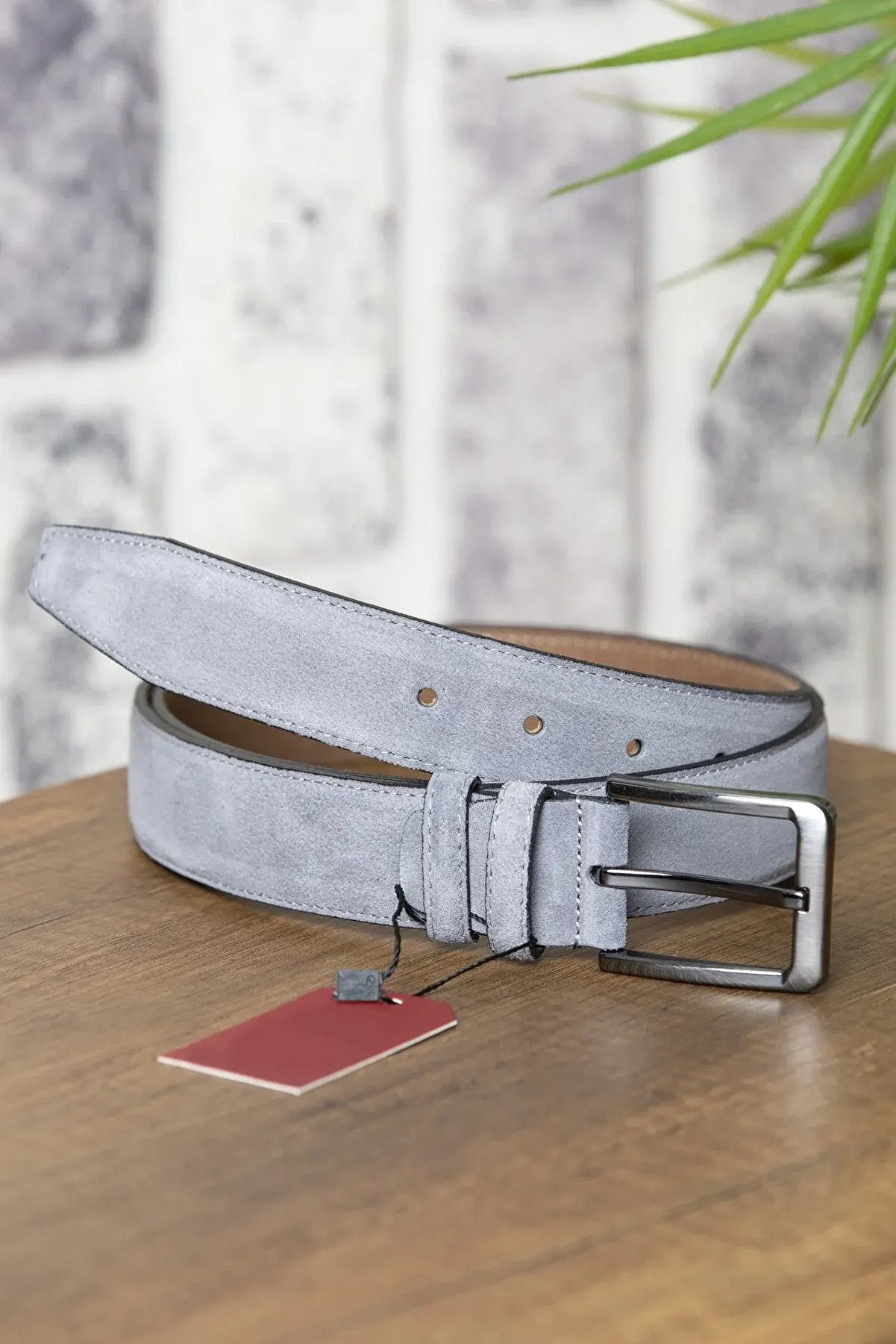 Light Grey Suede Mens Golf Belt Genuine Leather Dress Gents Belt for Jeans with Silver Buckle 3.5 cm
