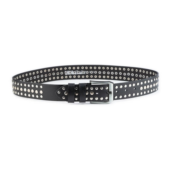 Classic Silver Buckle Studded Belt Snap On Three Row Punk Rock Star Metal Silver Studded Full  main image 3