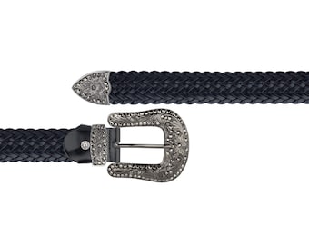 Ceinture western tressée noire pour femmes occidentales avec ceintures en cuir véritable à boucle en strass