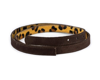 Brown Suede Belt Strap - Replacement Belt Strap Reversible - Leopard Print Belt No Buckle - Real Leather 2.0 Cm