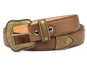 Mens Western belt Bronze buckle Mens belts Cowhide Italian leather