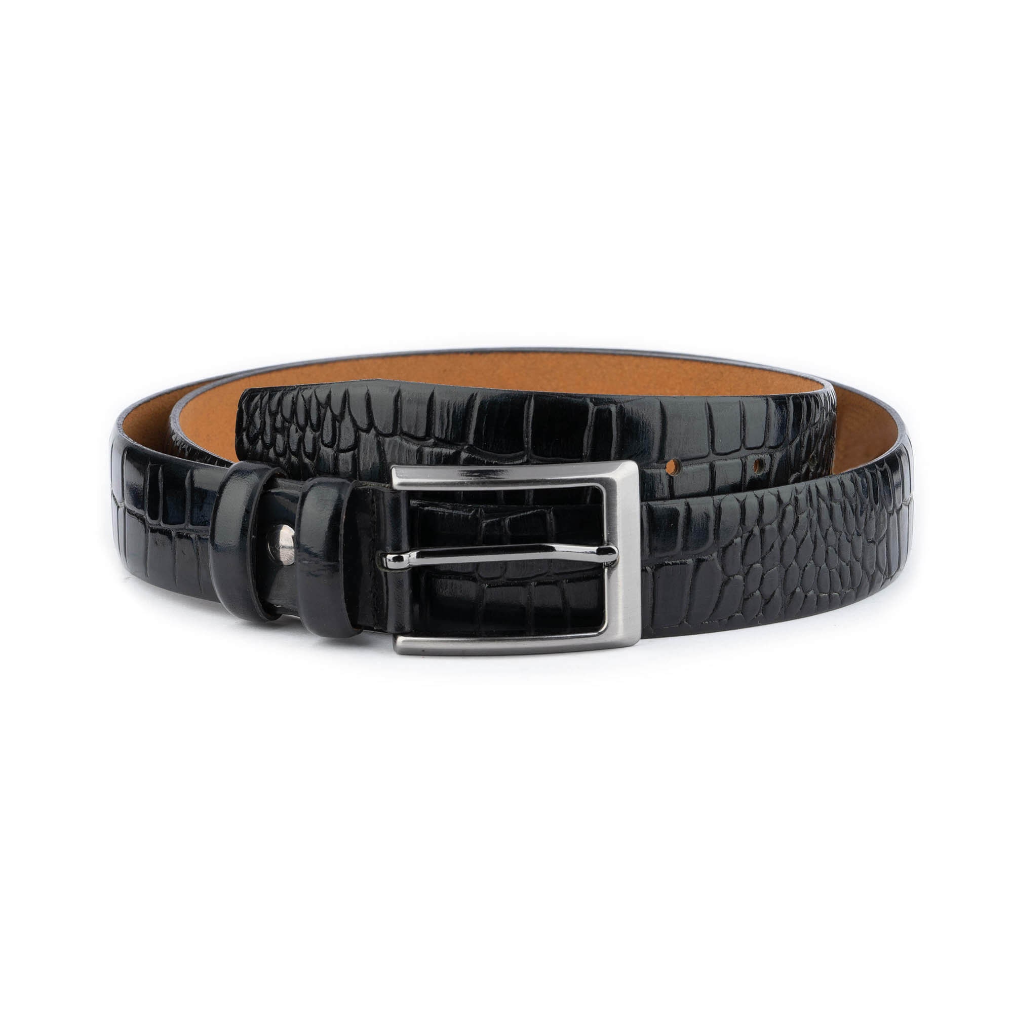 Carelen Designs‎ Black Croc Embossed Leather Belt Silver Buckle Made in USA Sz M Embossed Crocodile Belt with Plaque Buckle - w.kleinberg main image 3