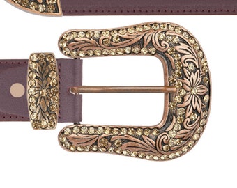 Womens Burgundy Westrn Belt With Copper Rhinestone Buckle  display picture 1