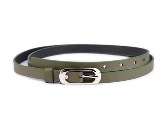 Olive Green Ladies Belt For Dress Skinny 1.5 Cm Dress Silver Buckle Belt Thin Real Leather Belt