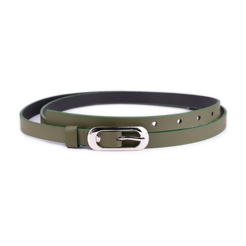 Olive Green Ladies Belt For Dress Skinny 1.5 Cm Dress Silver Buckle Belt Thin Real Leather Belt image 1