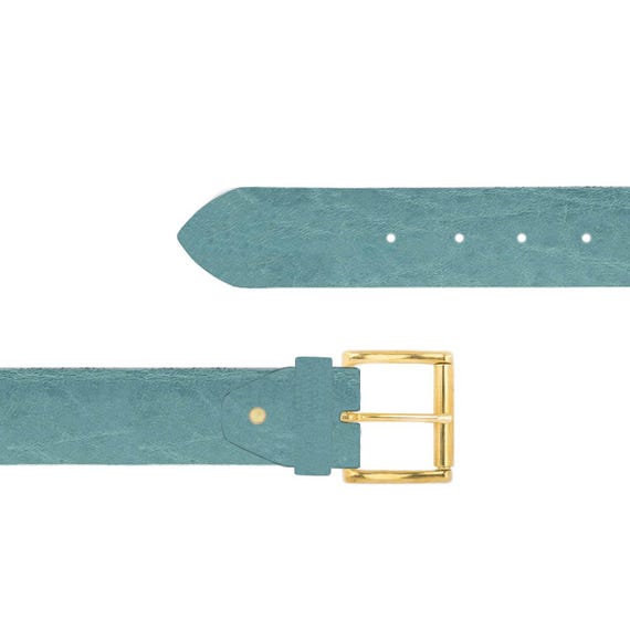 Ice Blue Wide Leather Belt Gold Buckle Brass Roller Thick  display picture 1