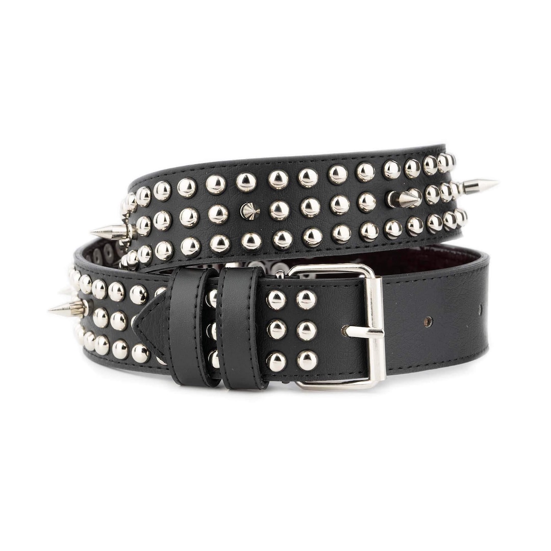 Studded Black Leather Belt With Silver Spikes Thick Wide