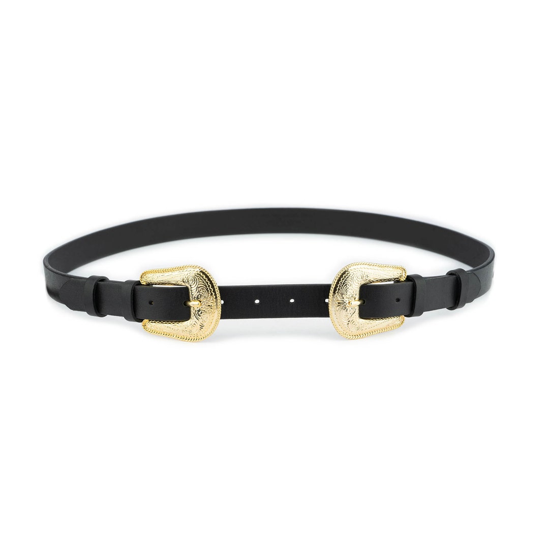 【送料&関税込】Golden  Double Buckled Belt Western Gold Double Buckle Belt Cowgirl Black Genuine