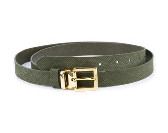 Vintage Olive Green Leather Belt With Gold Buckle | Khaki  display picture 3