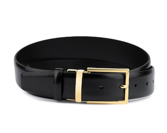 slim fit dress slacks Men's Gold Buckle Leather Belt Black Full Grain / 38