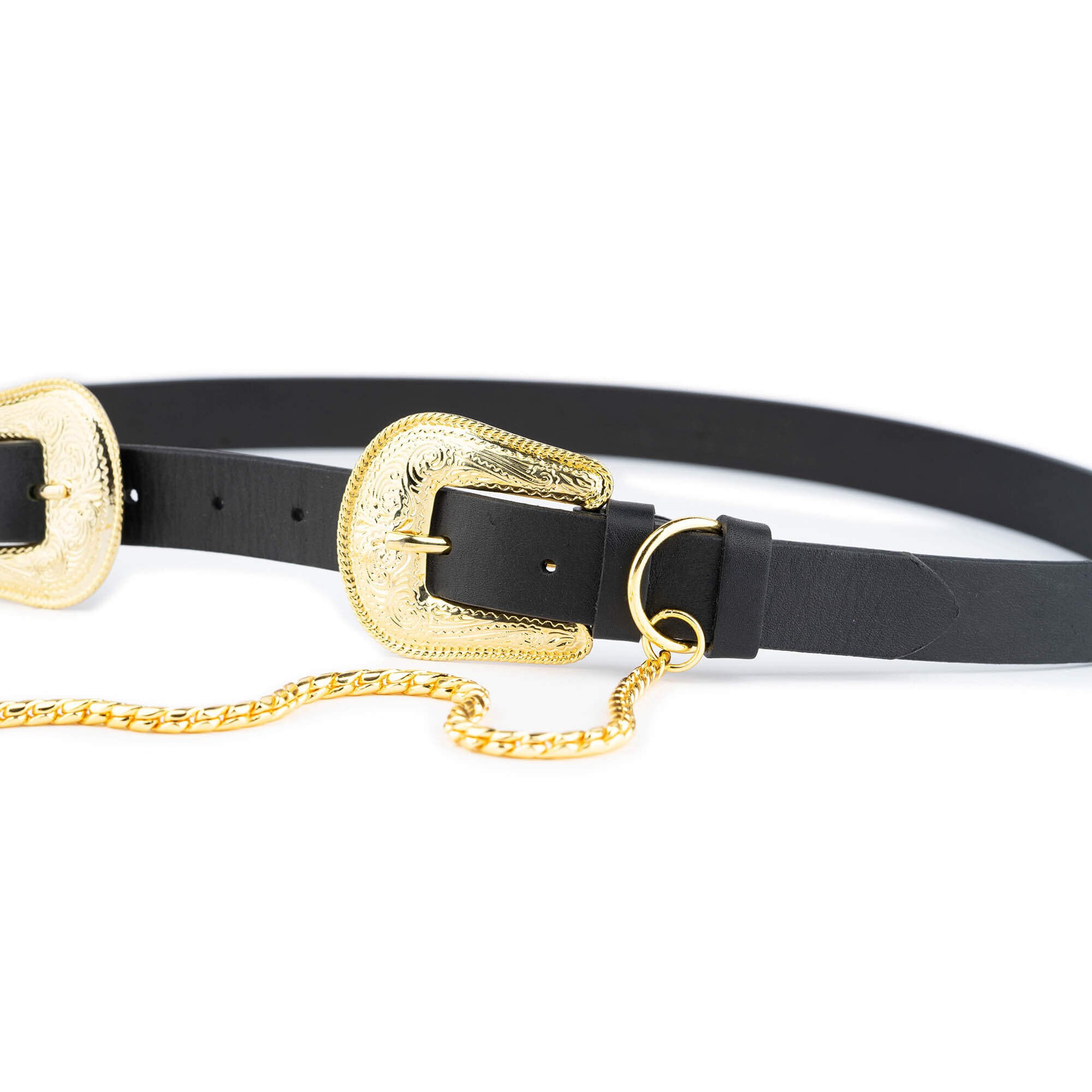 Womens Western Double Buckle Belt With Gold Chain Genuine 