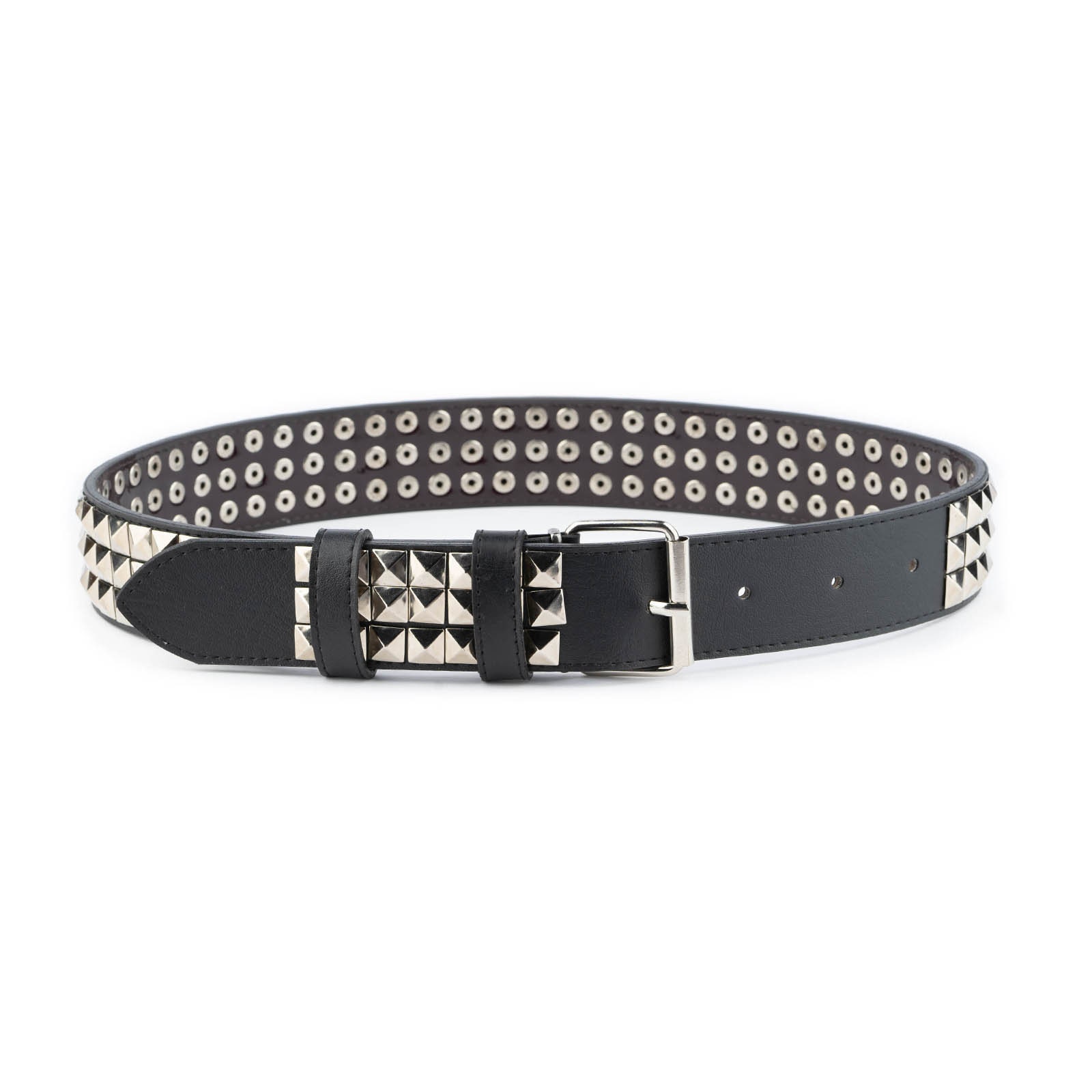3 Row Pyramid Studded Belt Vegan Leather Black Mens Studded