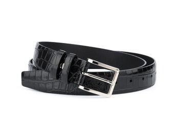 Mens dress belts Black leather belt Mens crocodile Embossed belt Classic leather belt Croc belts 3.5 cm No stitching Formal dress belt