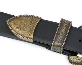 Black Western Belt Bronze Belt Buckle Smooth Genuine Leather  display picture 2