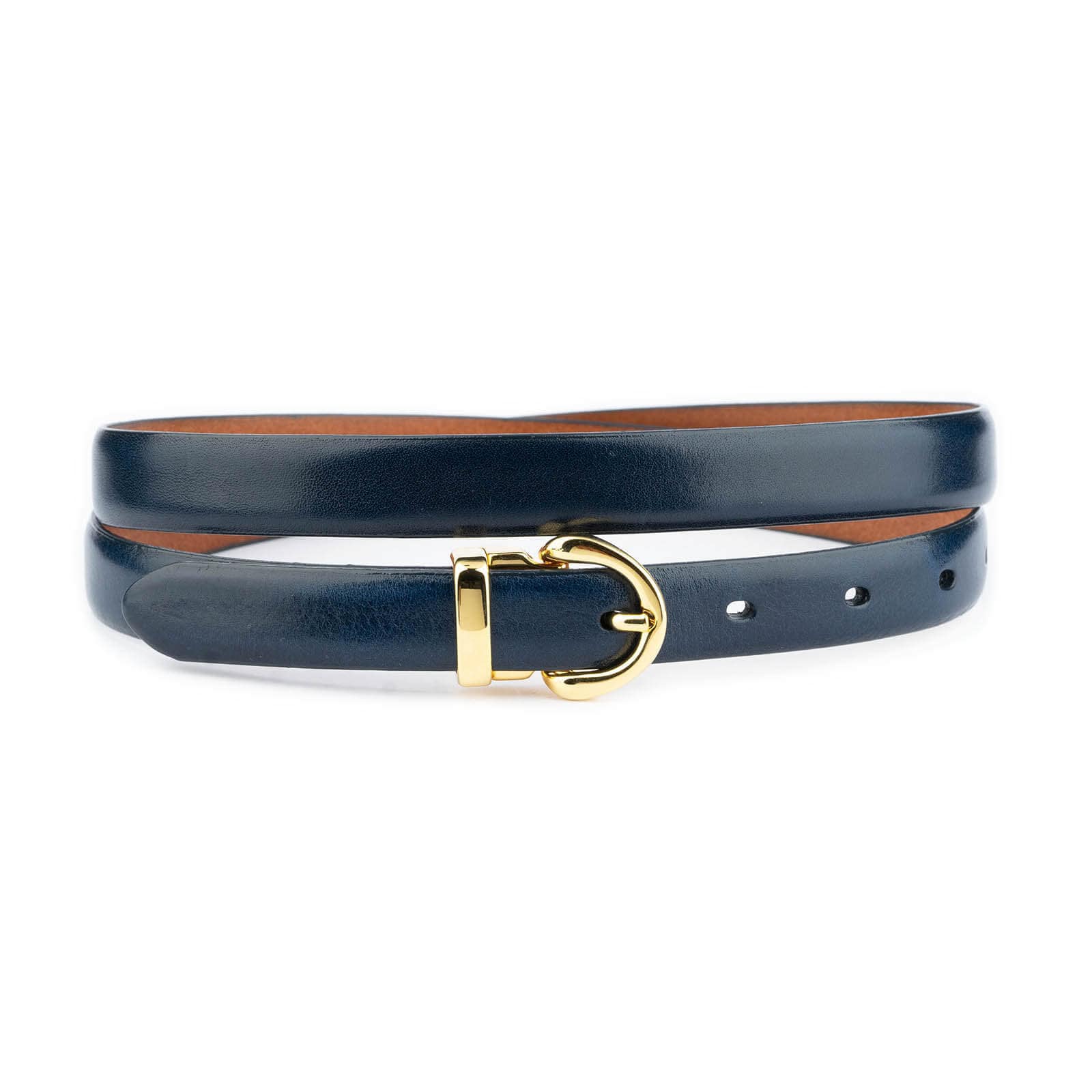 Navy Blue Gold Buckle Dress Belt for Women Elegant 2.0 cm Ladies Thin Genuine Leather Belt