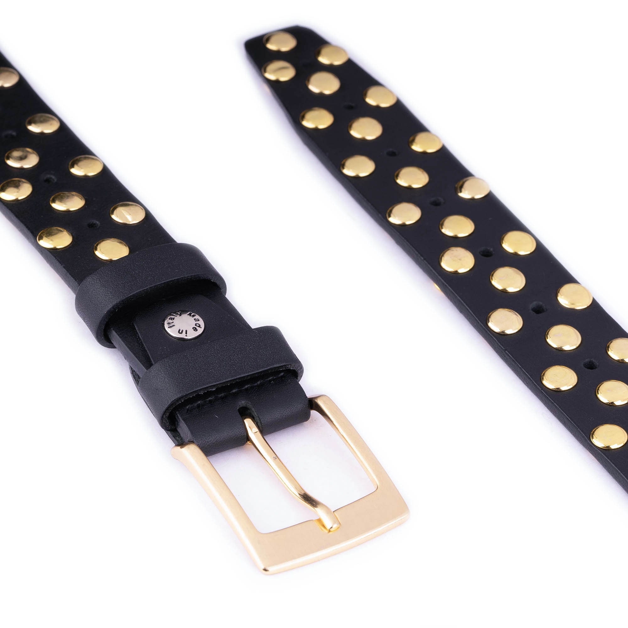 Gold Studded Belt With Golden Buckle Black Leather Men display picture 1