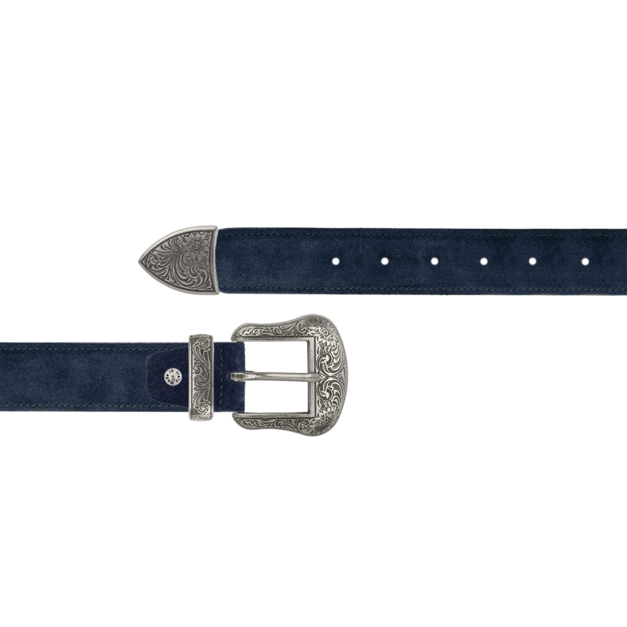 Men's Cowboy Dark Blue Suede Ranger Western Belt With Silver
